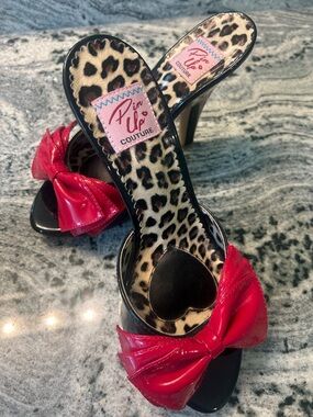 Pinup Couture Black Patent Heels with Red Bow and Leopard Insole
